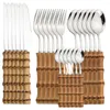 Yemeksiz setler bambu saplı Ajoyous Paslanmaz Çelik Çat Takımı Mutfak Yemeği 16/24 PCS Set bıçak çatal kaşık aynası