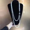 Chains Hand Knotted Natural 2strand 7-8mm White Fresh Water Pearl Zircon Micro Inlay Accessories Necklace