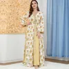 Ethnische Kleidung 2023 Drucken Robe Kleider Abayas Für Frauen Elegante Casual Muslim 2 Stück Set Blumenstickerei Guipure-spitze Einsatz Gürtel