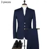 Men's Suits Men Suit Sets Chinese Tunic Stand Collar Classic Casual Blazer Brand Design Business Male Cotton Set 3 Pieces