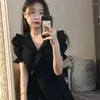 Casual Dresses Black Women Sweet Gothic Puff Sleeve Summer Girlish Age-reducing Graceful Vintage Korean Style Empire Temper