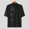 Camisas casuais masculinas 2023 camisa masculina sólida gola alta botão manga curta roupas de estilo chinês streetwear vintage solto camisas INCERUN