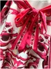 2023 sommer Rot Blumen Druck Taille Gürtel Kleid Kurzarm Rundhals Midi Casual Kleider A3Q122240