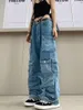 Jeans femininos vintage calças de carga baggy mulheres 90s y2k europa e américa moda 2023 menina multi bolso azul perna larga