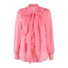 Women's Blouses Lace-up Bow Collar Chiffon Shirt Women 2023 Spring Summer Temperament Ruffled Long Sleeve Pink Top