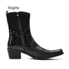 Rivet Black Snakeskin Chelsea Ankle Boots for Men Genuine Leather Men's Shoes High-Top Western Work Safety Boots Autumn Footwear