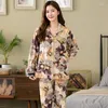 Kadın pijama 2pcs /setler Kadın Çiçek Baskılı Pijama Setleri Uzun Kollu Homewear Dönüşü Yaka Pijama Sonbahar Kış Gecesi Takım 4xl