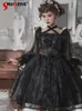Casual Dresses Lolita Dark Black Midi Asymmetric Dress for Women 2023 Spring Gothic Girl High midje Mesh Långärmad Mid Op Ladies