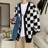 Men's Sweaters Korean Spring Autumn Fashion Plaid Knitted Tops Cardigan Male Clothes Long Sleeve V-Neck Oversize Sweater Jacket Coats B17