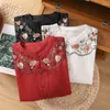 女性用Tシャツ夏のヴィンテージ女性刺繍花柄の白い赤い黒い袖コットンリネントップシャツ女性衣料品カジュアルトップス