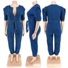 Women's Plus Size Jumpsuits Rompers Wmstar Plus Size Jumpsuit Women Denim Zipper Up Sashes Pockets Trousers Stretch Straight Bodysuit Wholesale Drop 230715