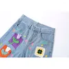 Mäns shorts denim Knit Flower Patchwork Jeans Streetwear Hip Hop Print Short Loose Wide Leg Capris för hane