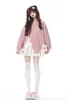 Camisolas femininas estilo japonês soltas suéter de comprimento médio rosa doce original 2023 outono linda garota cor sólida blusas de malha gola redonda