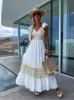 Basic Casual Dresses Summer Cotton White Maxi Dress For Women Casual Hollow Crochet Bohemian Loose Beach Robe Ladies Plus Size Holiday Vestidos 230715