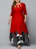 エスニック服プラスサイズのドレス2023秋のエレガントな部族プリントロングパーティーの女性セクシーなoネックホローレッドクリスマスイブニング服5xl