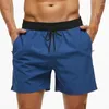 Shorts masculinos 2023 calção de banho elástico praia com bolsos com zíper e forro de malha