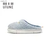 UTUNE Plus Men Warm Indoor Shoes 2021 Soft Women Furry Slides Plush EVA Thick Light Home Flats Platform Anti-slip Blue L230704