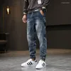 Herr jeans street mode män retro grå blå elastisk casual denim last byxor hombre skarvad designer hip hop joggar övergripande