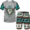 Männer Trainingsanzüge Männer Vintage Native Style T-Shirts/Anzüge Harajuku Mode Tribal Kuh 3D Gedruckt T-Shirt Shorts Set Paar Streetwear