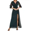 Casual Dresses Sexy Retro Split Sequin Formal Dress Women Long Sleeve V Neck Green Loose Ladies Fashion Party Vestidos