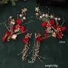 Vintage Chinese Style Clip Red Hair Pins and Clips Flower Headband Earrings Set Women Wedding Party Headdress Jewelry FORSEVEN L230704