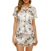 Women's Sleepwear Floral Printed Pajamas Sets For Womens Short Sleeve Button Down Shirt And Shorts 2 Piece Satin Outfit