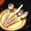 Set di stoviglie 4 pezzi Set di posate con manico in perla Coltelli e forchetta da bistecca in argento Cucchiaio per coltelli in acciaio inossidabile Cucchiai da tavola occidentali Cucchiai da dessert