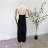 Casual Dresses Backless Strap Long Dress Women 2023 Högkvalitativ snedstreck Fashion Svart Sticked Bodycon Slim Sexig Simple Robe P807