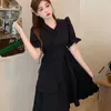 Sukienki swobodne czarne kobiety słodkie gotyckie puff rękawy letnie dziewczęcy wiek wdzięczny wdzięku w stylu koreańskim temperament