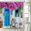 Rideaux de Douche Printemps Jardin Rideaux de Douche Rose Rose Clôture en Bois Fleurs Plantes Porte Bleue Méditerranée Nature Paysage Salle de Bain décor Ensemble