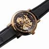 Jackensieger Watschen Frauen Mechanische Uhr Top Marke Golden Skelett Lederband Elegante Damen Handwind Armbanduhrwatch