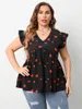 نساء زائد الحجم Tshirt Finjani Red Heart Print Blouse Vneck Ruffle Blouses Summer Tee Lourding and Breatable Plus Tops 230715