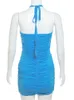 Sukienki swobodne WJFZQM Kobiety Summer Sexy Hanter Hollow Out Ruched Backless Short Dress Club Blue Mini 2023