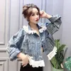 Women's Jackets Sweet Women Short Denim Jacket Patchwork Lace Ruffle Loose Fit Casual Coats Female Spring Outerwear Drawstring Jeans