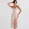 Basic Casual Dresses Hugcitar Ruffles Floral Print Slip Sleeveless Backless Sexy Bodycon Slit Midi Dress Summer Elegant Clothes Party Y2K Wholesale 230715