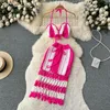 Casual Dresses Sexy Bohemian Crochet Hollow Two Pieces Sets Halter Chic High Camis Tank Top With Tassel Print Skirt Beach Vacation