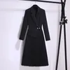 Casual Kleider Hohe Qualität Elegante OL Langarm Graben Blazer Kleid Frauen Herbst Plissee Schwarz Patchwork Knielangen Mid