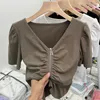 Women's T Shirts V Neck T-shirt Korean Girl Y2K Khaki Zipper 90s Fashion Vintage Crop Tops Short Sleeve Top Summer 2023