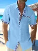남자 캐주얼 셔츠 2023 여름 패션 하와이 린넨 셔츠 프린트 비치 주머니 짧은 소매 5 색.