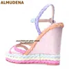 Sandálias ALMUDENA Rosa Azul Cor Combinada Salto Solado Plataforma Espadrille Corda Sapato Trançado Sapatos Festivos com Fivela e Sapatos para Noite