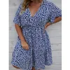 Plus size Dresses Plus Size Dress Woman Summer V Neck Short Sleeve Floral Print Casual Midi Dress High Waist Chic Beach Party Dresses 230715