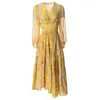 Casual Dresses Yellow Floral Chiffon Pearl Beaded Trims Wrap V Neck Lantern Sleeve Midi Length Shirt Dress