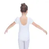 Stage Wear White Cotton/Lycra Cap Puffy Sleeve Dance Leotards With Drawstring Front Kids Ballet Bodysuit Girls Dancewear