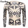 Tiaobug Soft Oneck Durchsichtig Langarm Fake Tattoo Design Elastic Sexy Herren T-Shirt Männlich Fancy Party Kostüm