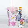 Vattenflaskor Dot Wave Plate Pipette Tumbler Double Layer Sequin Lovely Pink Plastic Bottle With Cover Straw Ice Cup Under sommaren 230717