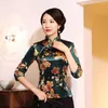 Etnische Kleding Vintage Blouse Fluwelen Vrouwen Oosterse Tops Retro Mandarijn Kraag Jas Rode Bloemen Shirt Traditionele Chinese Tang