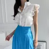 Kvinnors blusar klädkvinnor Vintage White Lace Blue Ruffles ärmlös Single Breasted Shirt Office Wear Chic Tops Blusa WA153