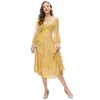 Casual Dresses Yellow Floral Chiffon Pearl Beaded Trims Wrap V Neck Lantern Sleeve Midi Length Shirt Dress