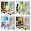 Rideaux de douche Zen Statue rideau de douche luxe vert bambou fleur tissu imperméable Massage pierre orchidée salle de bain rideau tapis ensemble