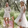 Primavera Autunno Boho Abiti da sposa corti in pizzo pieno Sexy schiena aperta Hi Lo Sheer maniche lunghe Abiti da sposa country economici